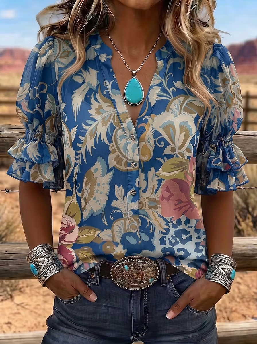 Women's Western Vintage Floral Paisley Printed Ruffle Sleeve Top