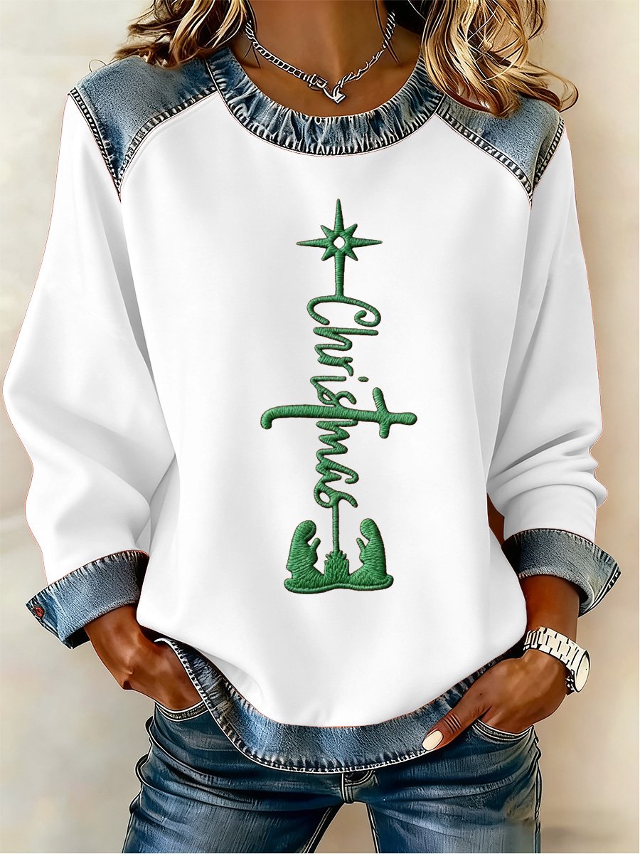 Women's Christmas Faith Print Crew Neck Long Sleeve Top