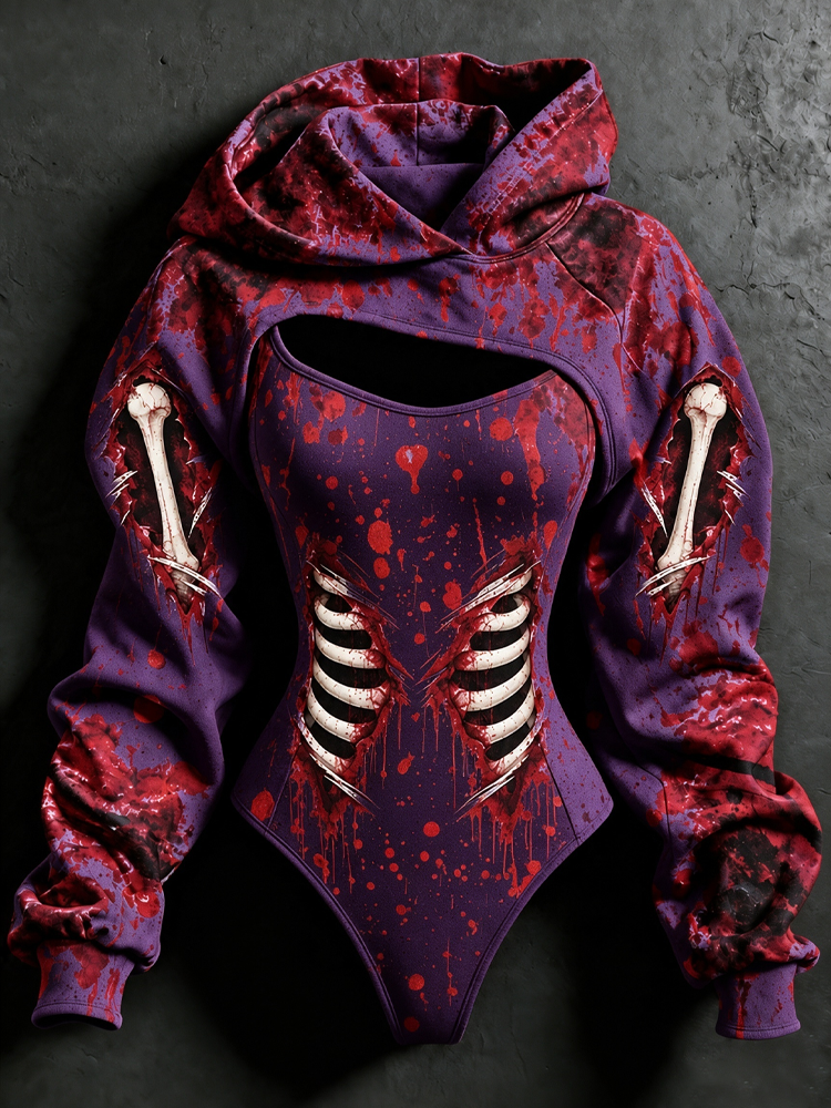 Women's Halloween Blood Stain And Skeleton Print Hoodie Two-piece Set
