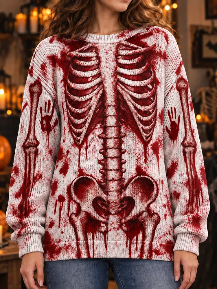 Women's Halloween Vintage Blood-stained Human Skeleton Art Knit Sweater