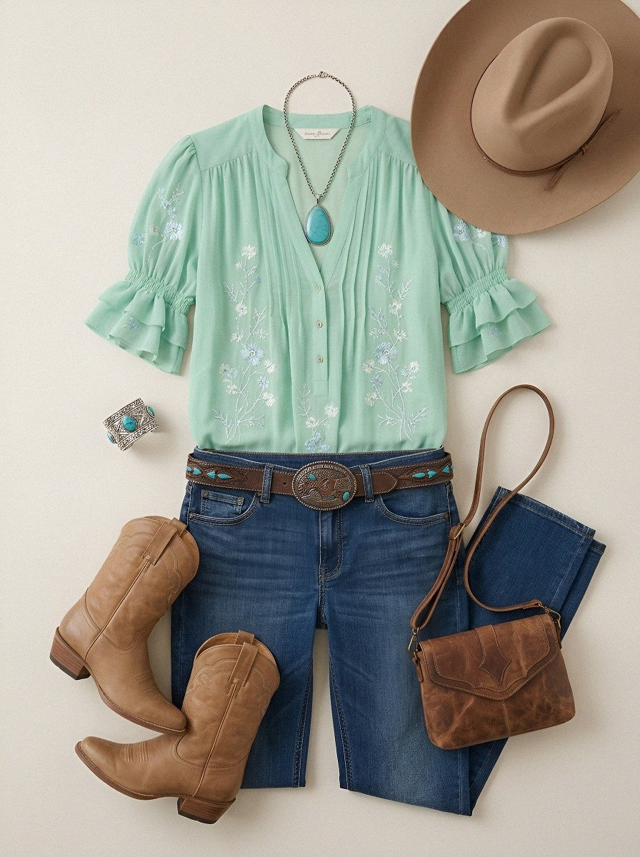 Women's Western Vintage Floral Embroidered Ruffle Sleeve Top