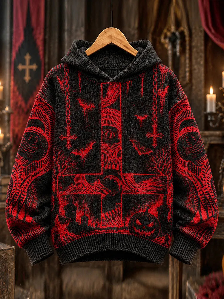 Retro Gothic Dark Halloween Mystery Symbol Red And Black Cross Bat Pumpkin Pattern Hooded Sweater