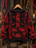 Retro Gothic Dark Halloween Mystery Symbol Red And Black Cross Bat Pumpkin Pattern Hooded Sweater