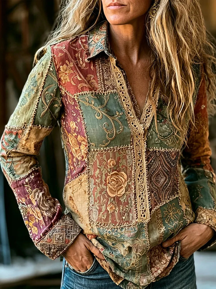 Vintage Floral Patchwork Embroidered Art Print Linen Blend Casual Shirt