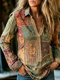 Vintage Floral Patchwork Embroidered Art Print Linen Blend Casual Shirt
