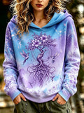 Women's Retro Bohemian Tree Of Life, Floral And Hummingbird Print Hooded Sweatshirt