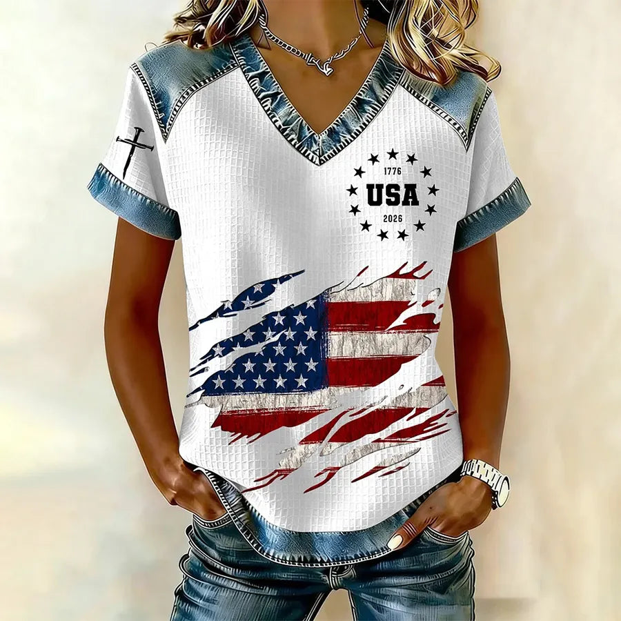 Women's 250th America Anniversary Casual Printed Waffle Knit Short-Sleeved T-Shirt