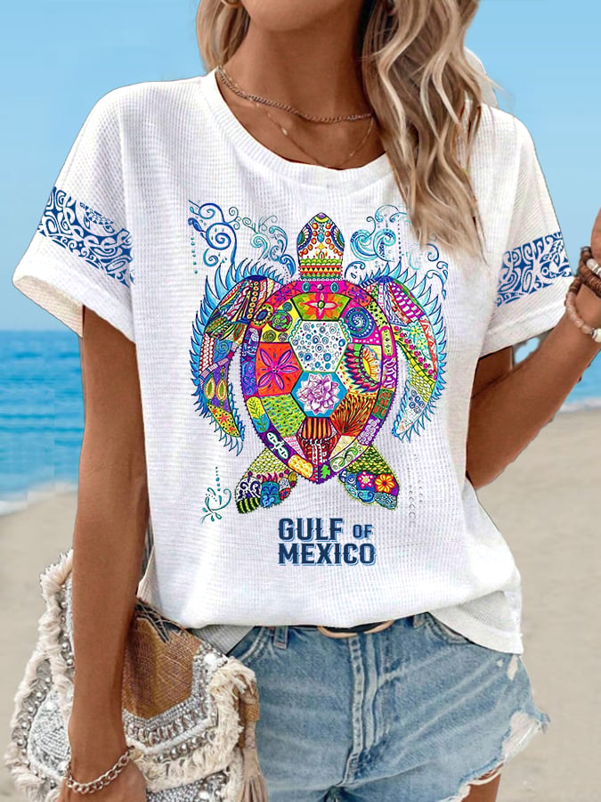 Women's Waffle Mexican Turtle Print T-Shirt