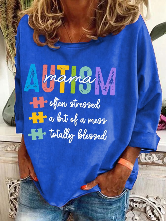 Women's Always Blessed Autism Mama Awareness Print Long Sleeve T-Shirt
