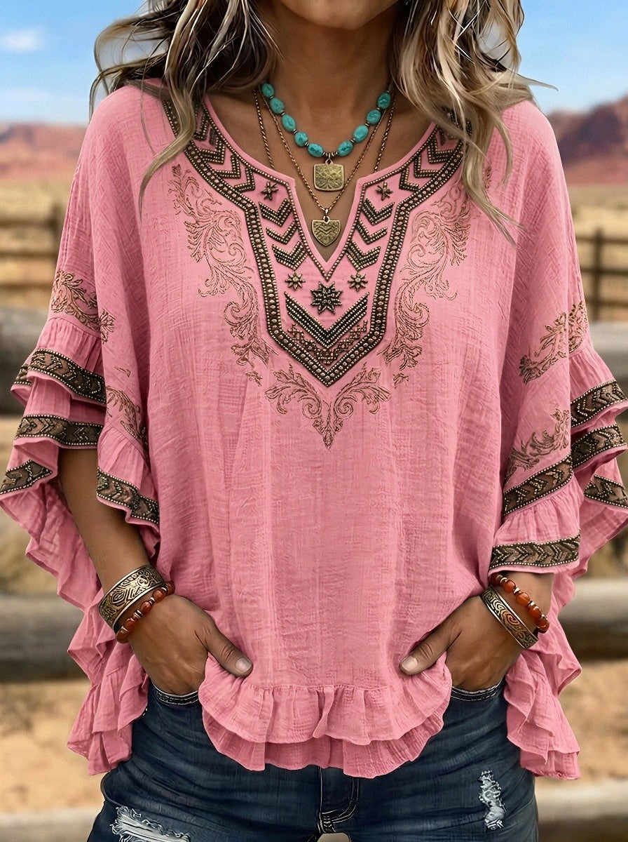 Women's Western Vintage Aztec Embroidered Ruffle Printed Top