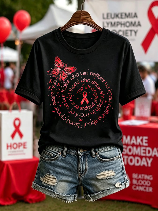 Women'S Blood Cancer Red Ribbon Health Awareness Round Neck T-Shirt