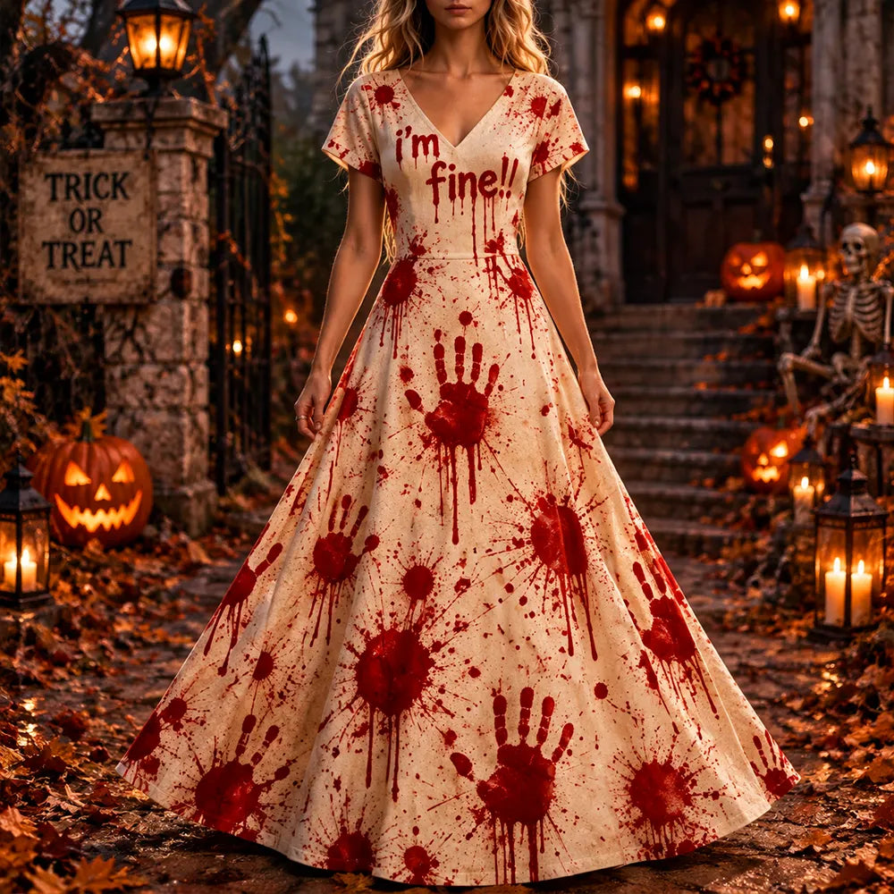 Women's Halloween Blood Handprint & "i'm Fine!!" Short Sleeve Maxi Dress