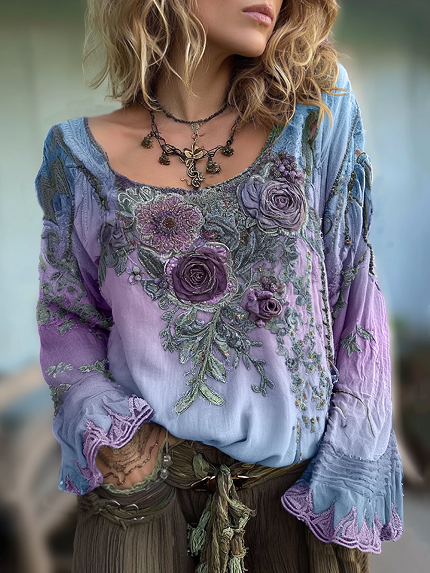 Vintage Purple Lavender And Floral Embroidered Linen Long Sleeve Shirt