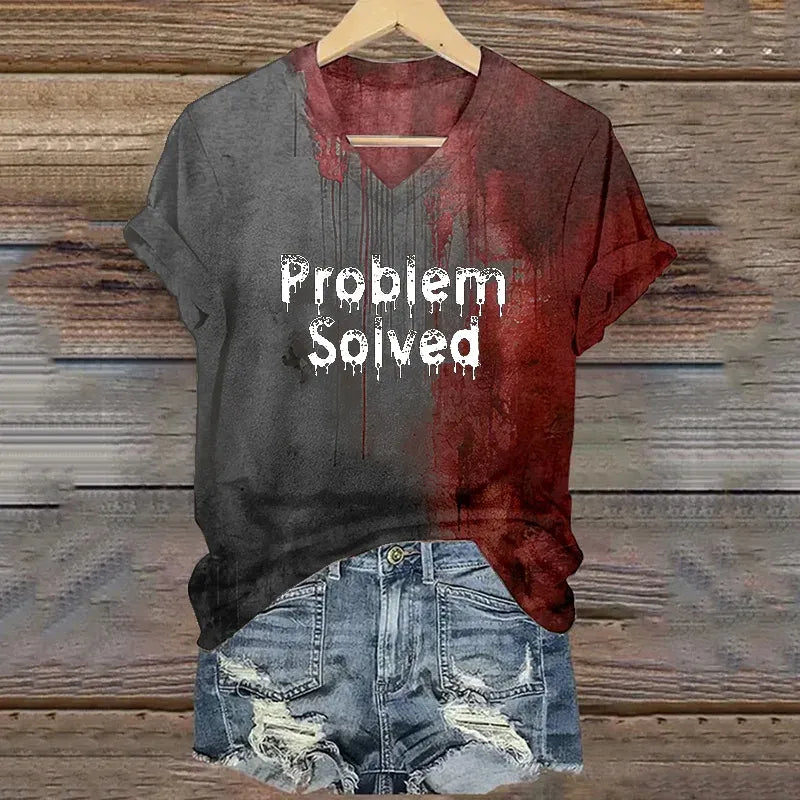 Women's Bloody Problem Solved Halloween Print V-neck T-shirt