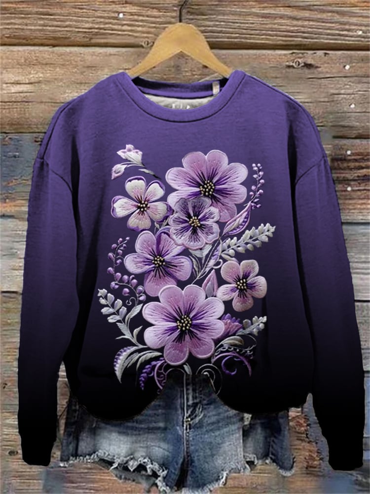 Women's Alzheimer Awareness Purple Floral Print Casual Sweatshirt