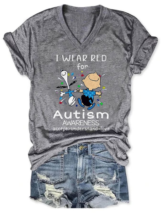 V-neck Autism Awareness I Wear Red For Autism Print T-Shirt