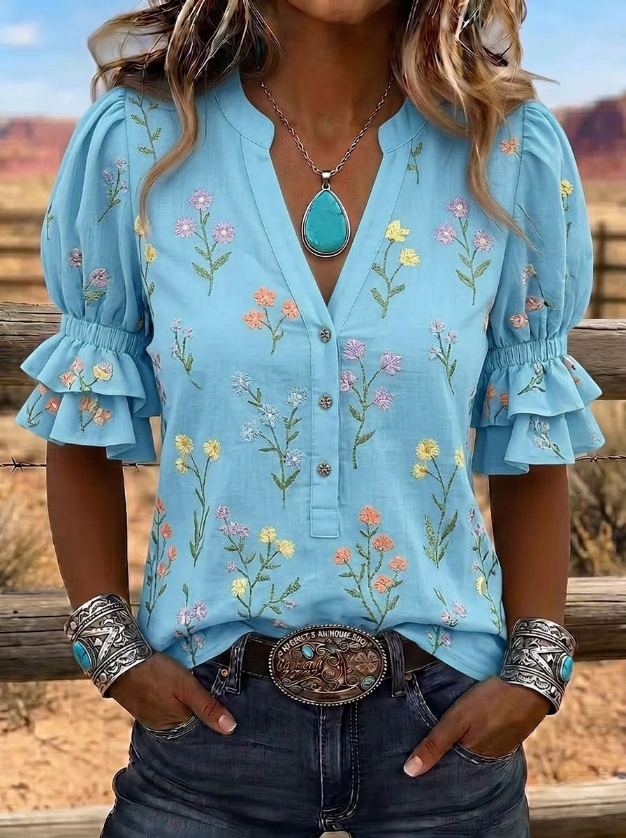 Women's Western Vintage Floral Embroidered Ruffle Sleeve Top