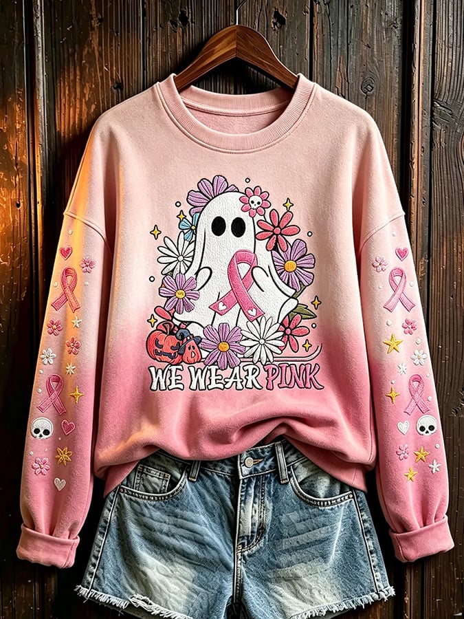Women's "October Pink Ribbon" Breast Cancer Prevention Campaign Halloween Casual Regular Sweatshirt