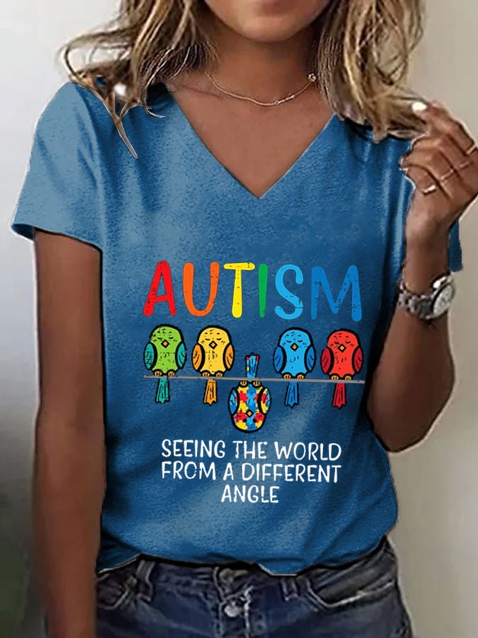 Women's "Seeing The World From A Different Angle" Autism Awareness Printed V-Neck T-Shirt