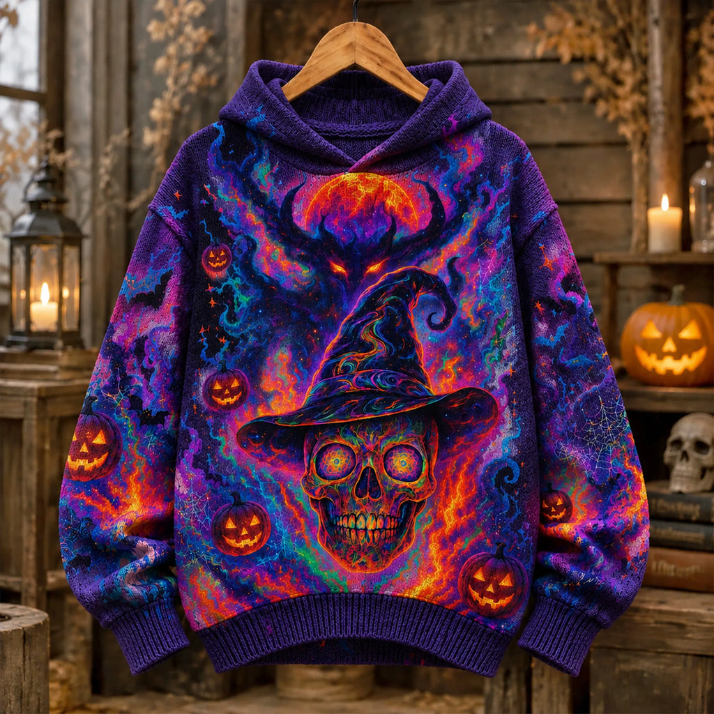 Retro Gothic Dark Aesthetics Halloween Neon Skull Wizard Psychedelic Universe Pumpkin Bat Pattern Hooded Sweater