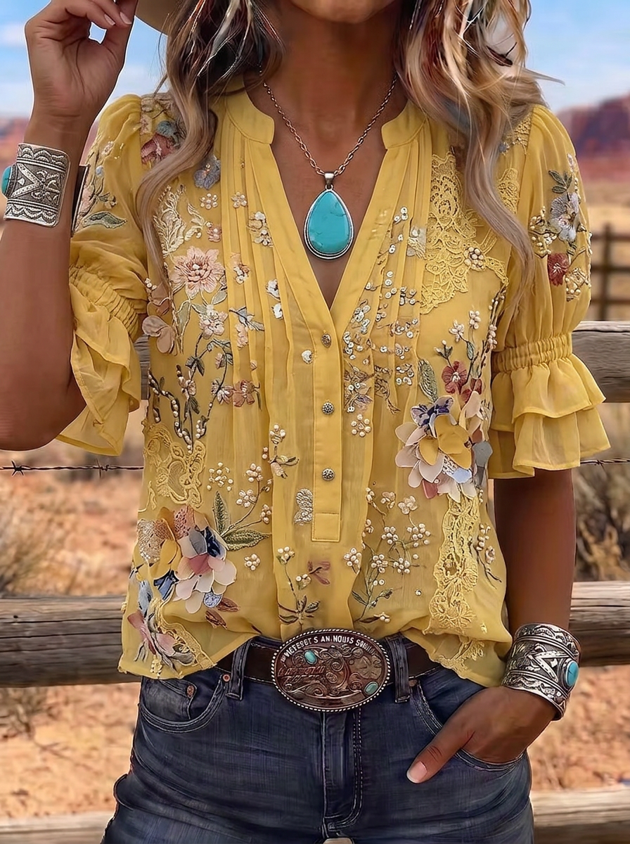Women's Western Vintage Floral Embroidered Printed Top