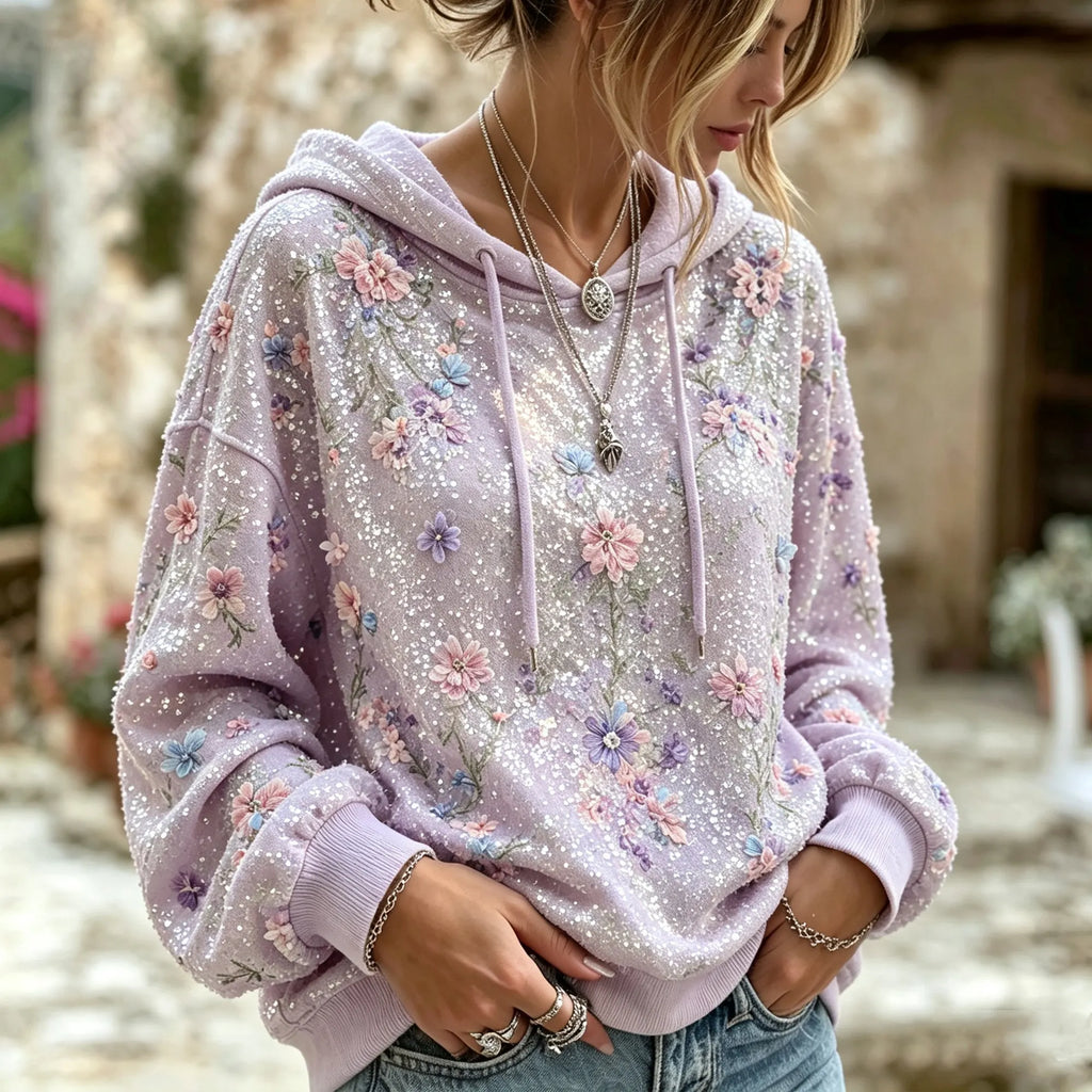 Women's Vintage Boho Floral Sequin Embroidered Hoodie