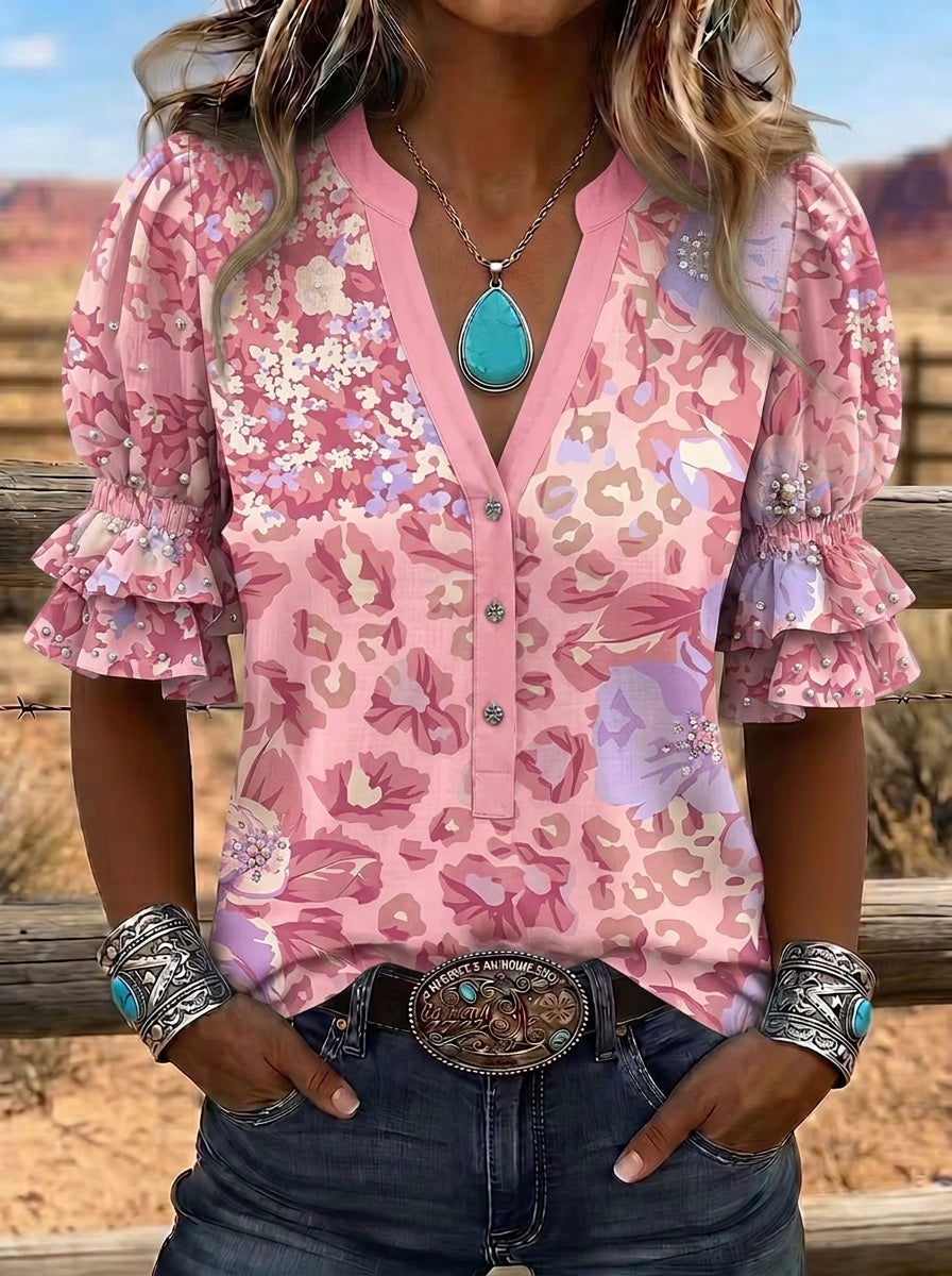 Women's Western Vintage Floral Leopard Printed Ruffle Sleeve Top