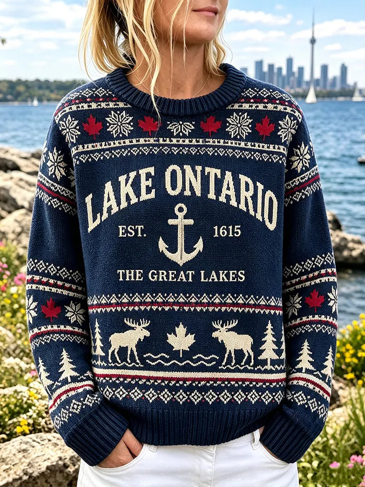 Women's Vintage "1615 Lake Ontario, Canada" Icelandic-style Knit Sweater