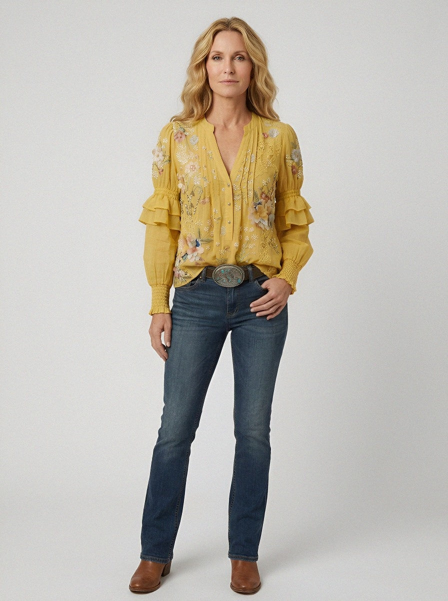 Women's Western Vintage Floral Embroidered Printed Top