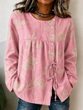 Women'S Breast Cancer Promotion Pink Plant Art Printing Cotton Linen Long Sleeve Shirt