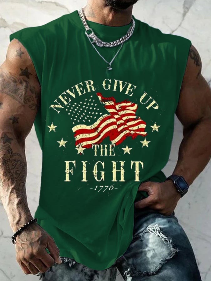 Men's Retro Never Give Up Fight 1776 Independence Day Patriotic Print Casual Tank Top