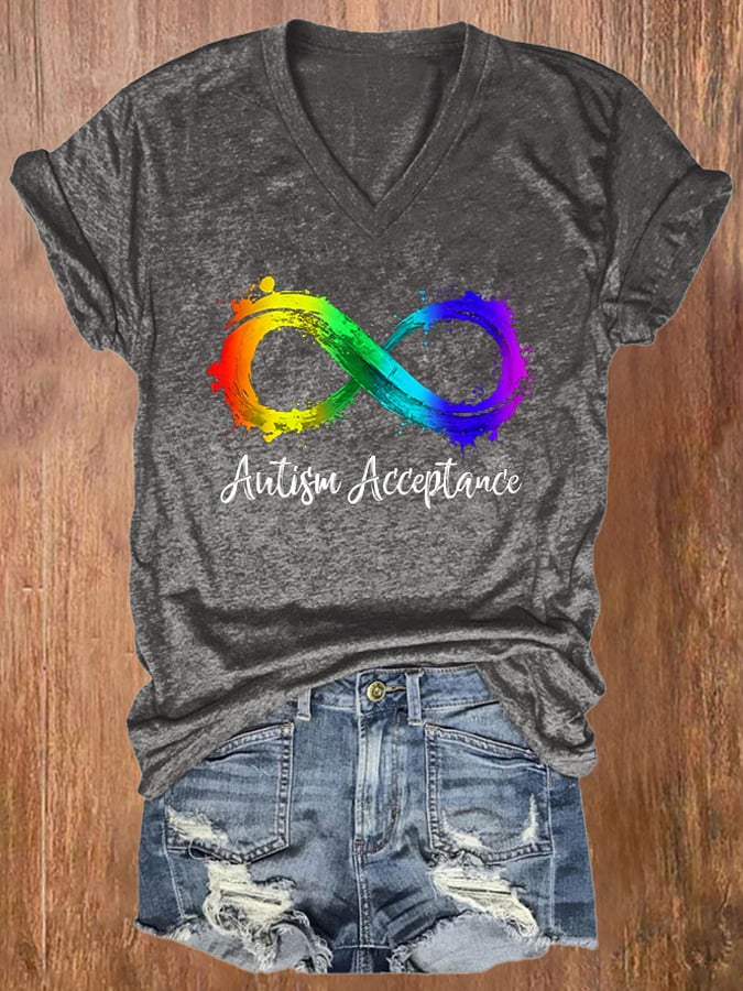 V-neck Retro Autism Awareness Infinity Autism Acceptance Print T-Shirt