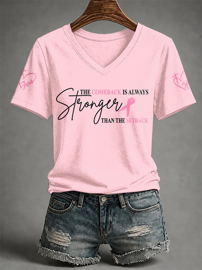 V-Neck Retro Breast Cancer Awareness Pink Ribbon The Comeback Is Always Stronger Than The Setback Print T-Shirt