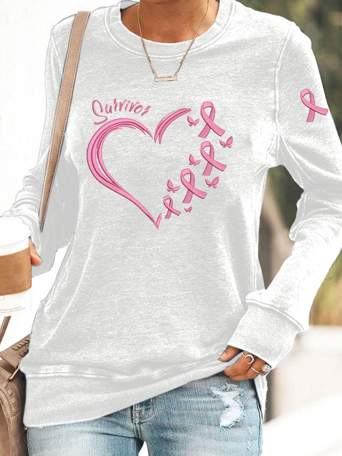 Women's Breast Cancer Awareness Heart Pink Ribbon Print Top