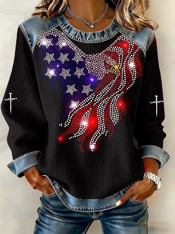 Women's casual retro national flag-themed waffle-knit sweatshirt