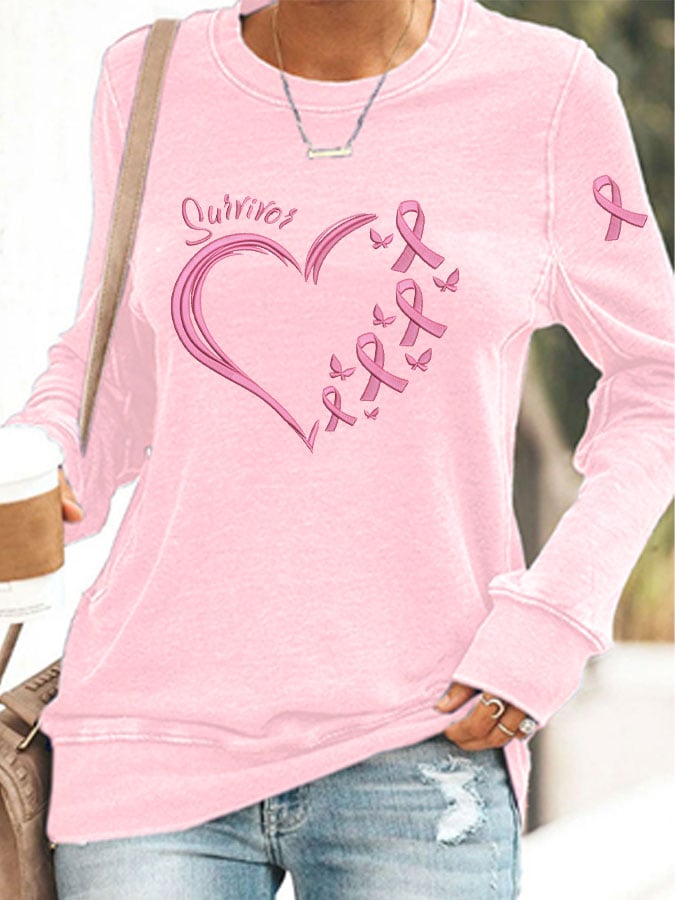 Women's Breast Cancer Awareness Heart Pink Ribbon Print Top