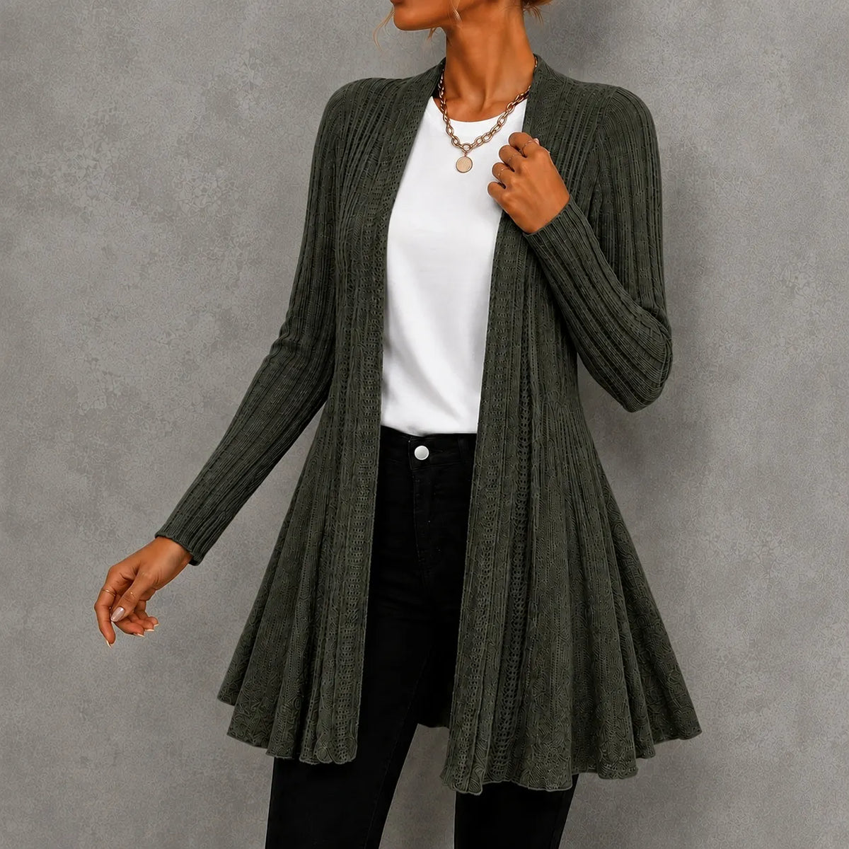 Elegant Knitted Long-sleeved Mid-length Cardigan
