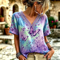 Women's Retro Floral Butterfly Art Print Casual Cotton Linen V-neck T-shirt