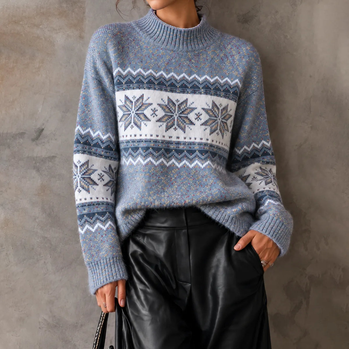 Elegant Mock-neck Snowflake Sweater