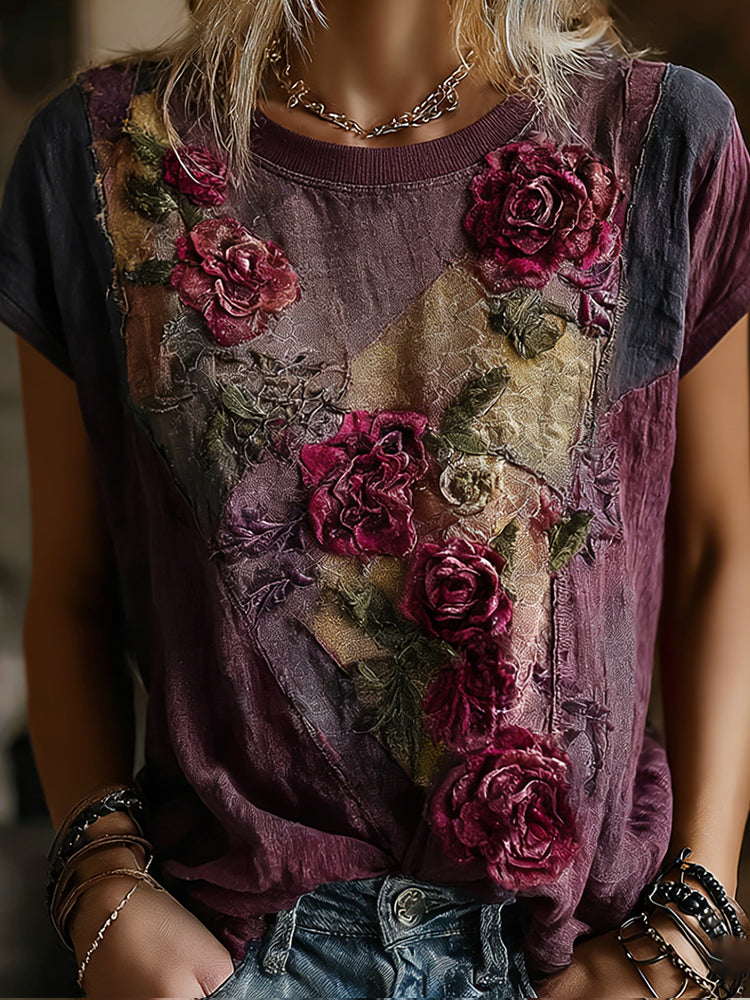 Women's Retro Faded Rose Woven Embroidered Purple Patchwork Cotton Linen Round Neck Short Sleeve Top