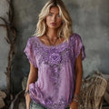 Women's Vintage Rose Embroidery Art Crew Neck Linen Blend T-shirt