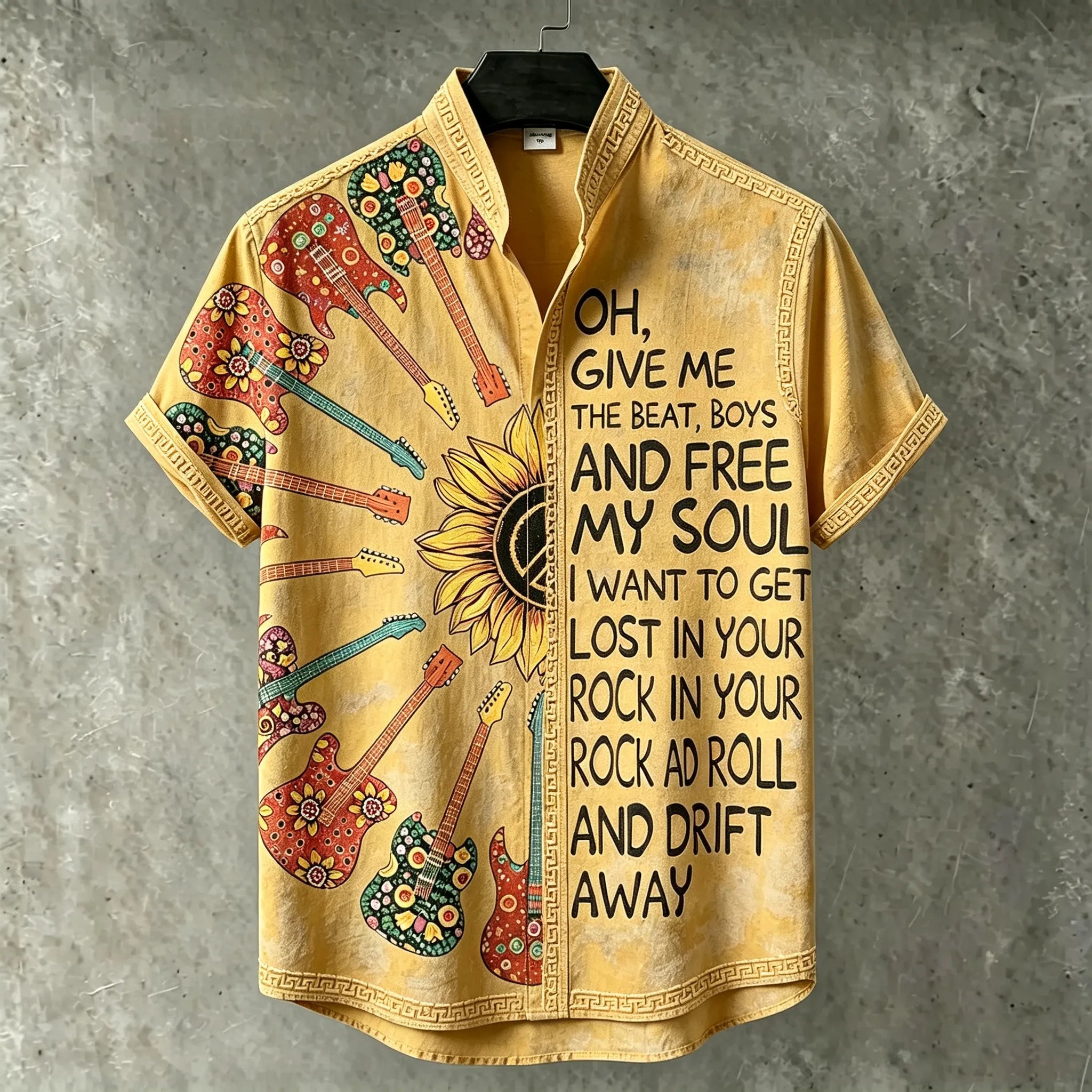 Men's Retro Bohemian Hippie Style Sunflower And Guitar Print Short-sleeve Shirt