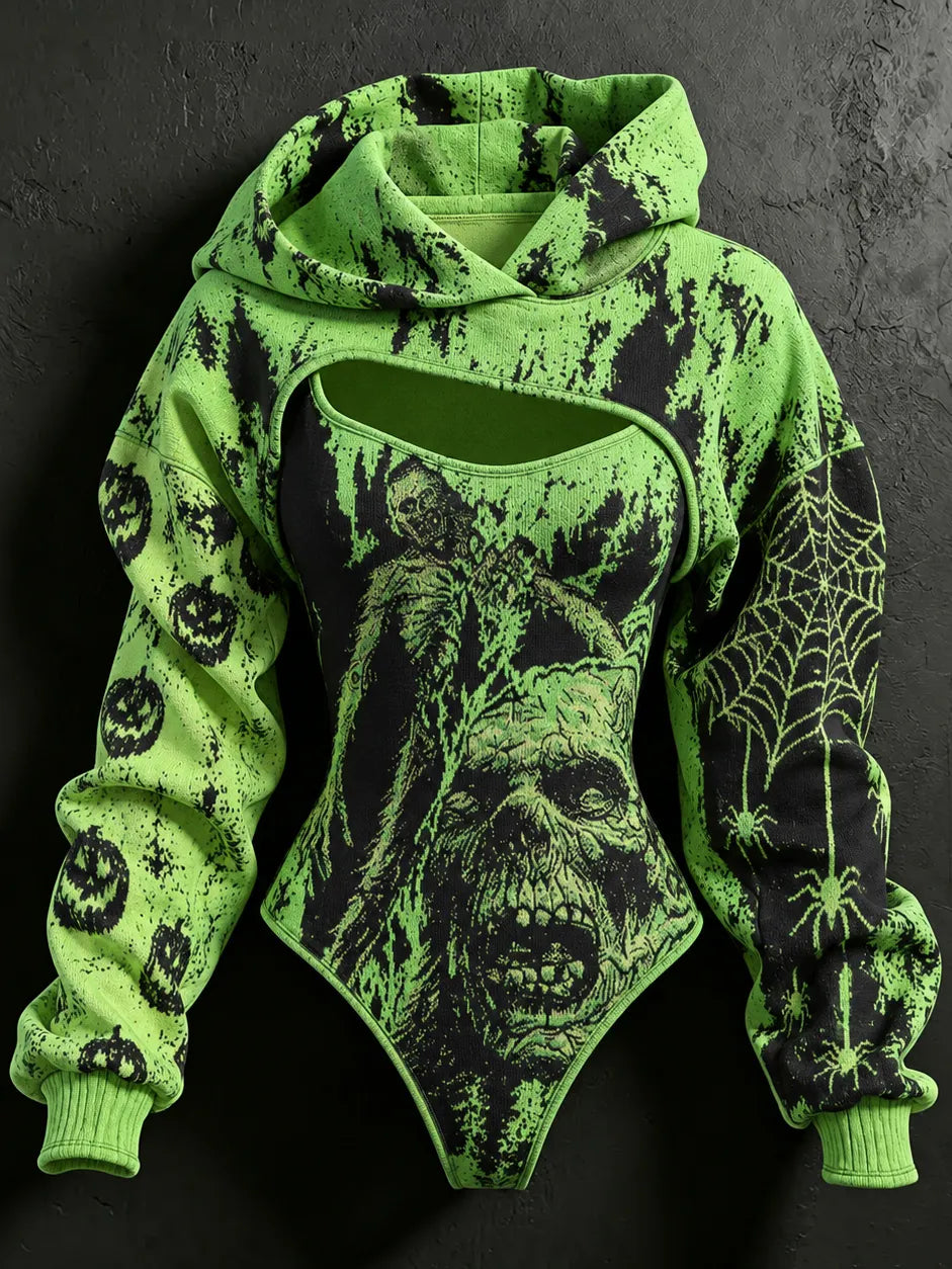 Women's Halloween Skull And Pumpkin Print Hoodie Two-piece Set