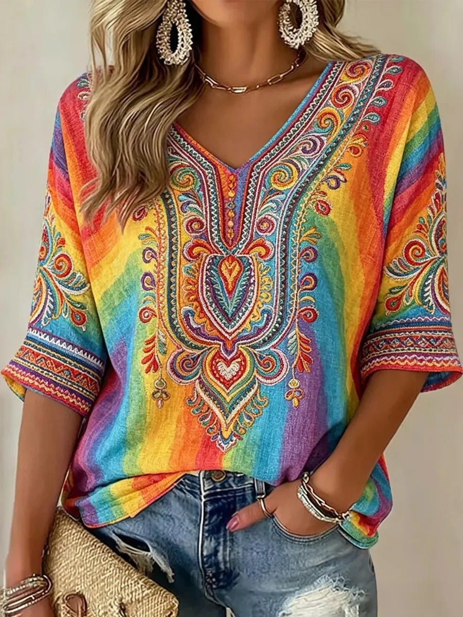 Women's Vintage Hippie Ethnic Patterns Art Flowy Linen Blend Three Quarter Sleeves T-shirt