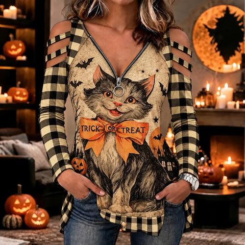 "trick Or Treat" Halloween Cat & Plaid Print Drop-shoulder T-shirt
