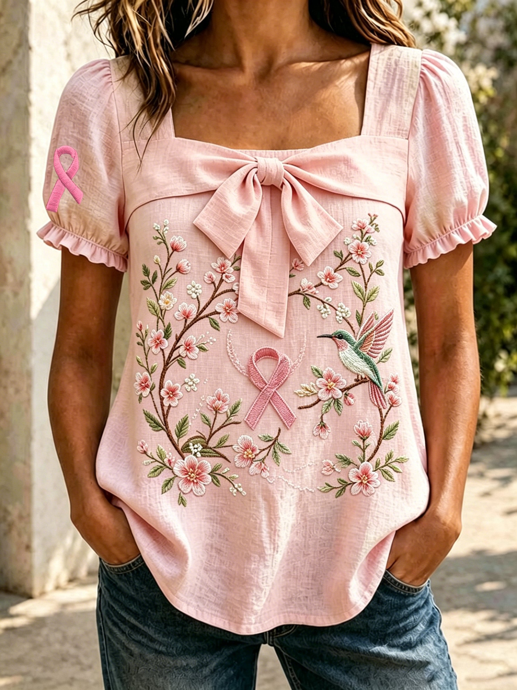Women's Retro Retro Pink Bird Flowers Art Printed Casual Bow Shirt