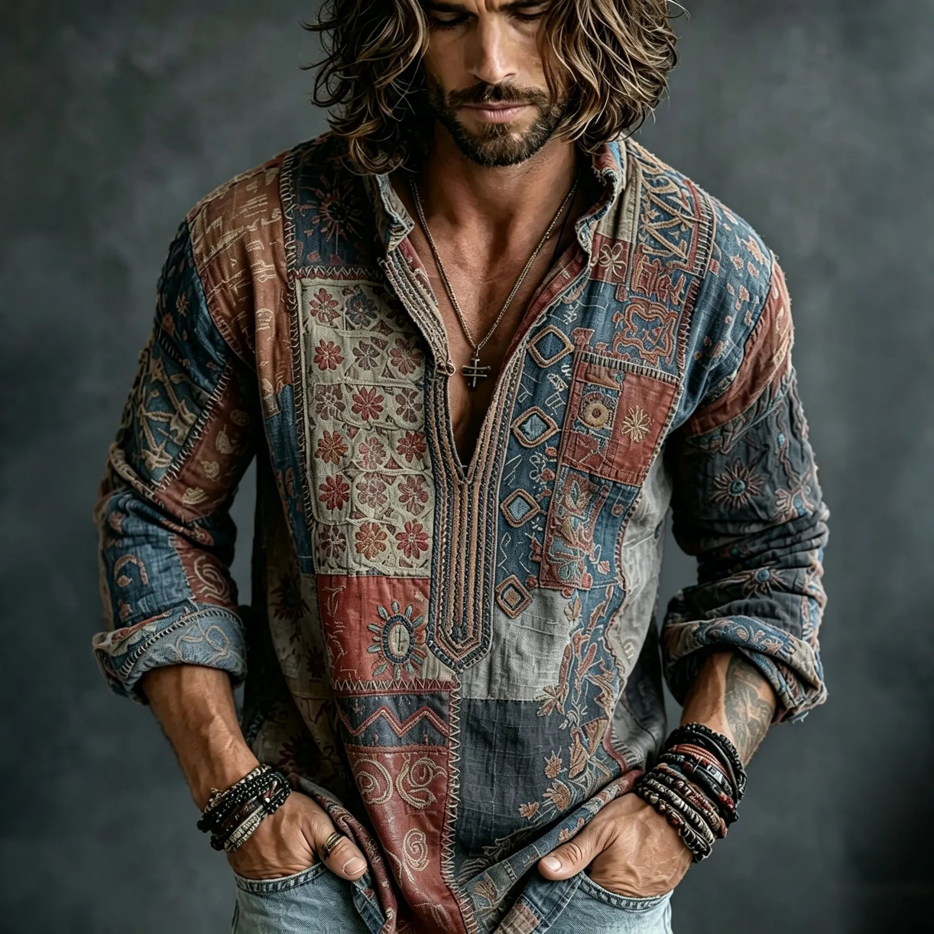 Men's Vintage Floral Patchwork Embroidered Art Print Flowy Linen Blend Casual Shirt