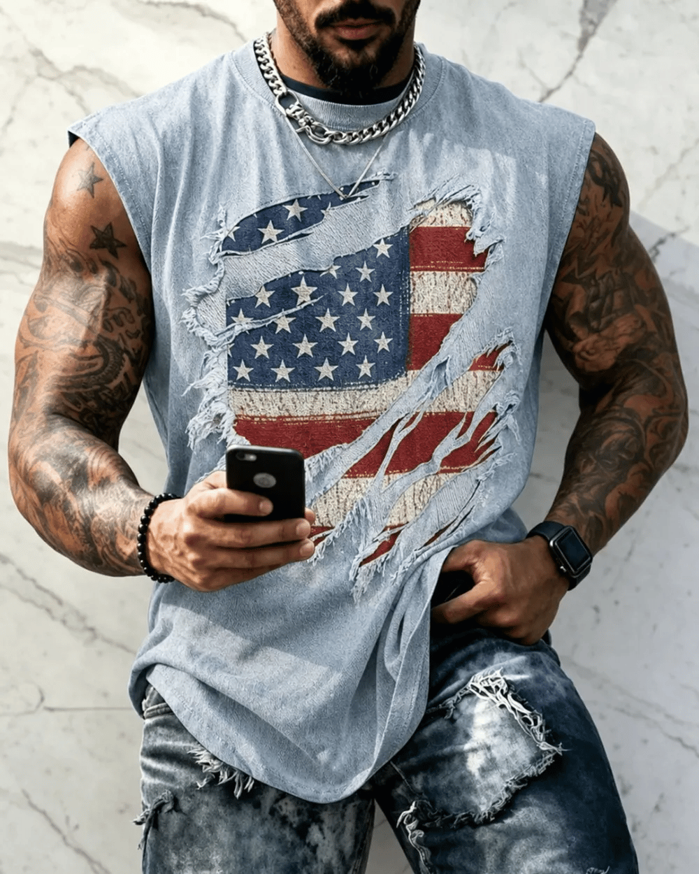 Retro Men's One Nation Under God 250 Years Strong Print Tops Tank