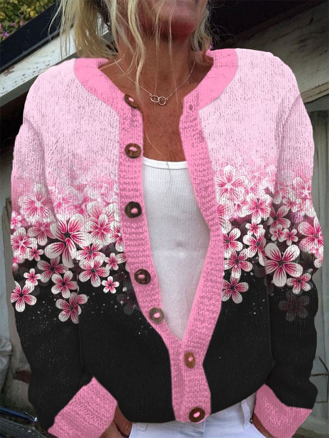 Women'S Breast Cancer Floral Knitted Cardigan