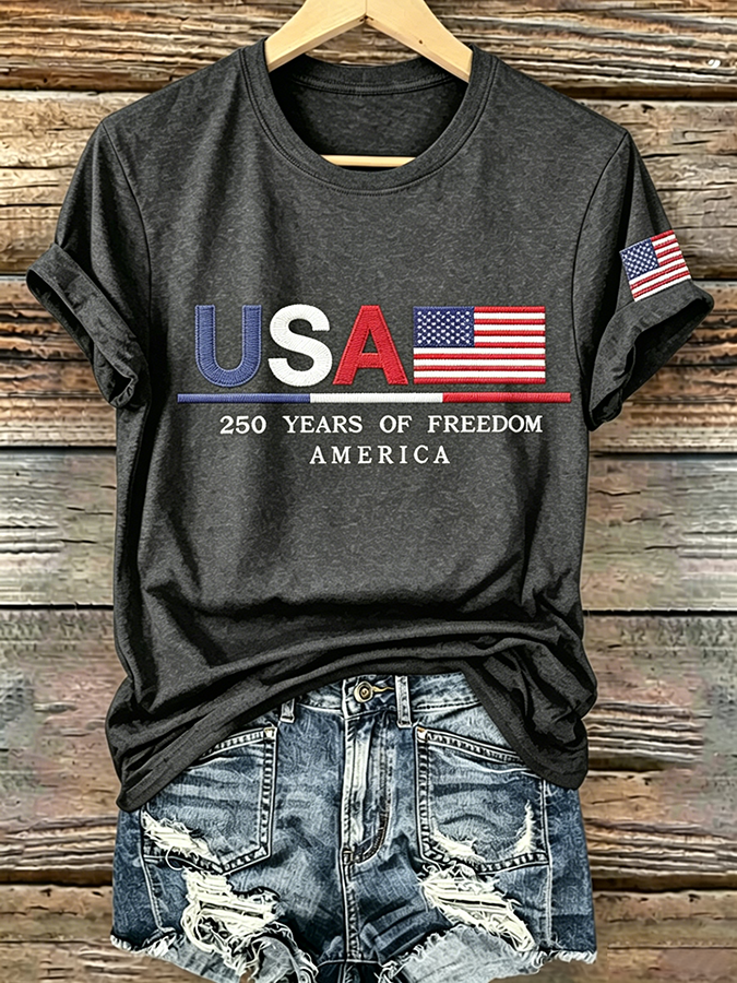 Embroidered Printed Round Neck Short Sleeved T-Shirt Commemorating The 250Th Anniversary Of The United States